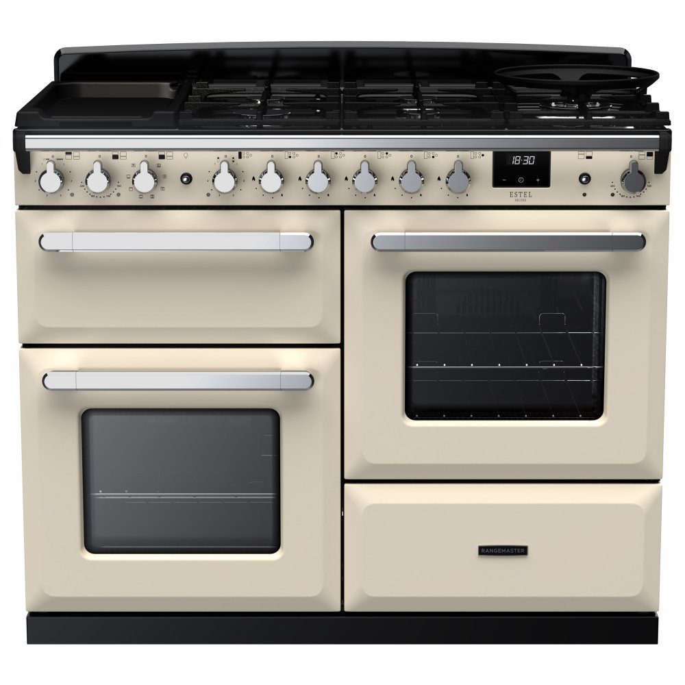 Rangemaster Estel Deluxe OC 110cm Dual Fuel Range Cooker With Chrome Trim 15148 ESDLO110DFPPCR/CM1 – Pale Cream