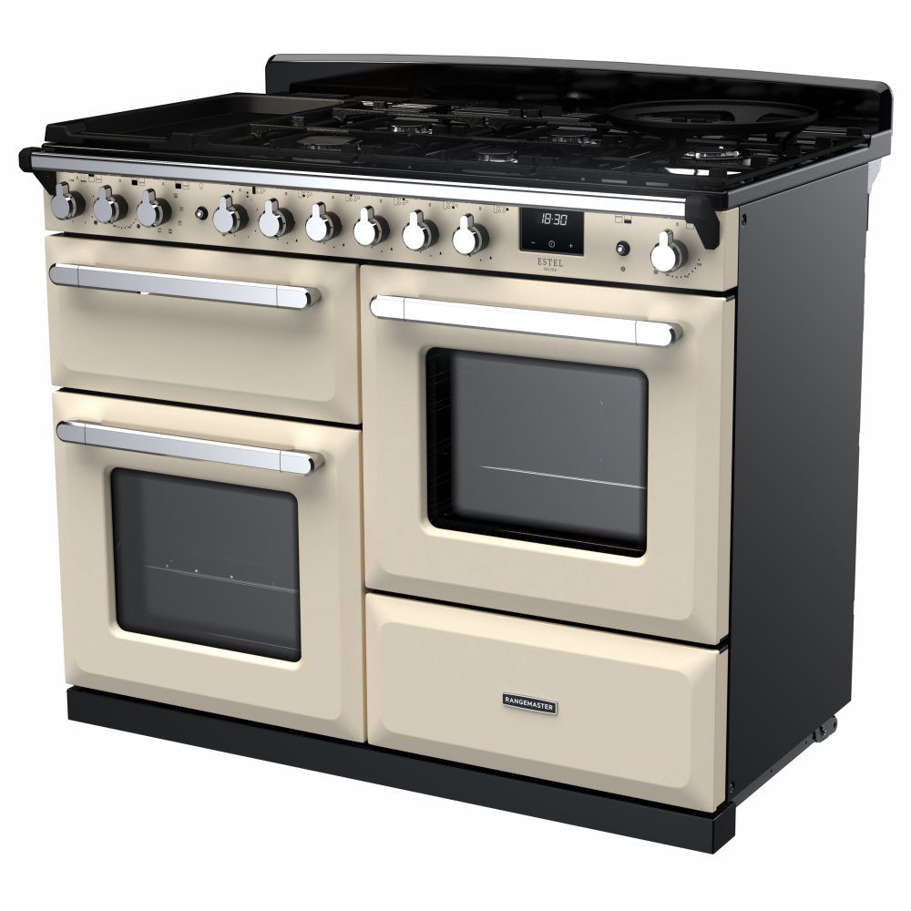 Rangemaster Estel Deluxe OC 110cm Dual Fuel Range Cooker With Chrome Trim 15148 ESDLO110DFPPCR/CM1 – Pale Cream