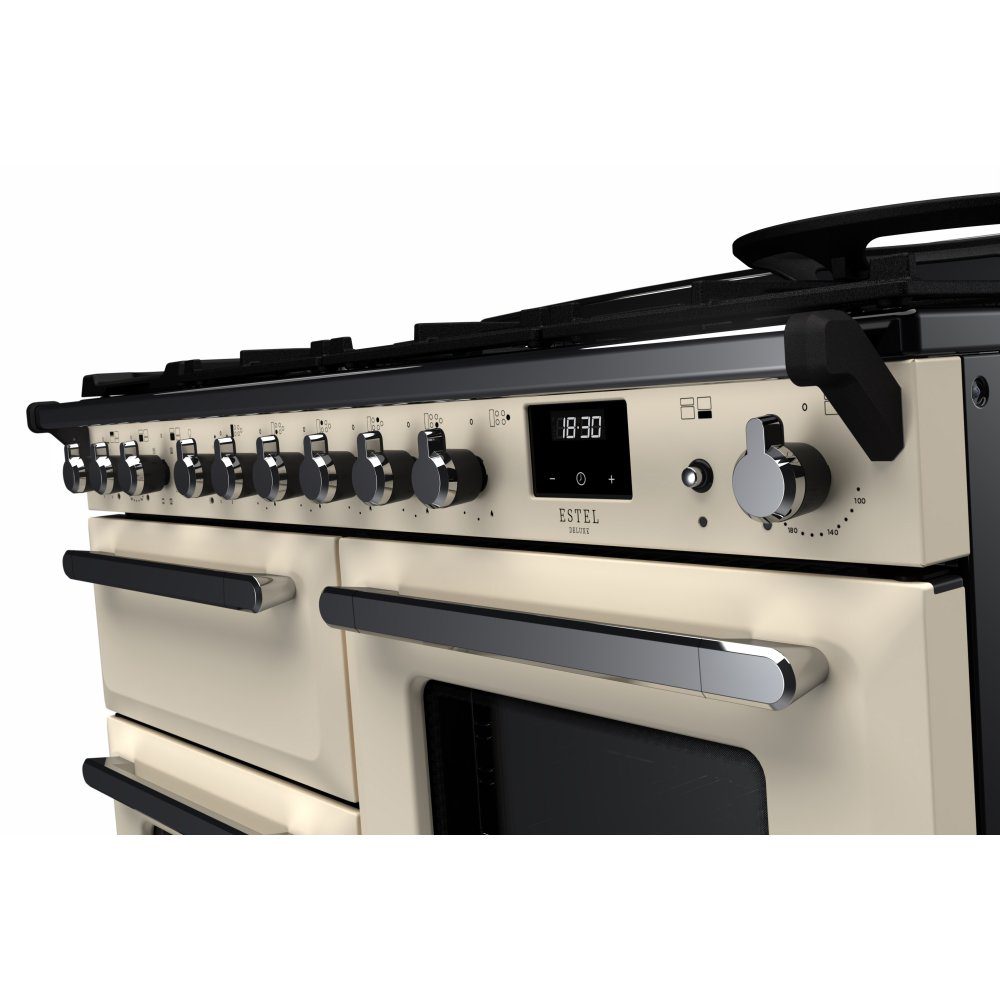 Rangemaster Estel Deluxe OC 110cm Dual Fuel Range Cooker With Chrome Trim 15148 ESDLO110DFPPCR/CM1 – Pale Cream