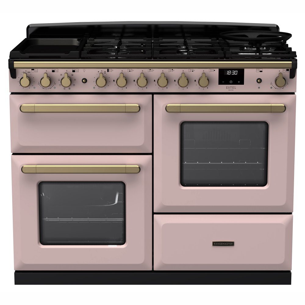 Rangemaster Estel Deluxe OC 110cm Dual Fuel Range Cooker With Antique Brass Trim 18107 ESDLO110DFPPPK/AB1 – Pale Pink