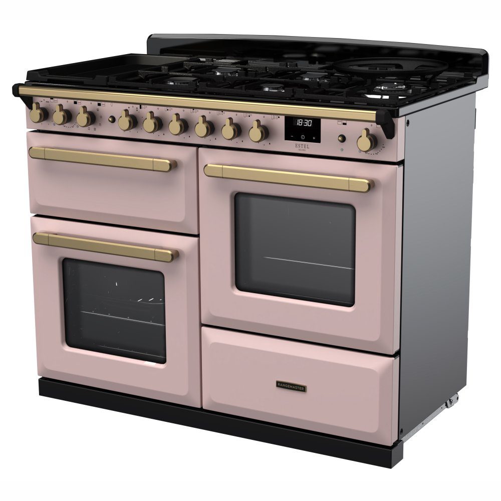 Rangemaster Estel Deluxe OC 110cm Dual Fuel Range Cooker With Antique Brass Trim 18107 ESDLO110DFPPPK/AB1 – Pale Pink