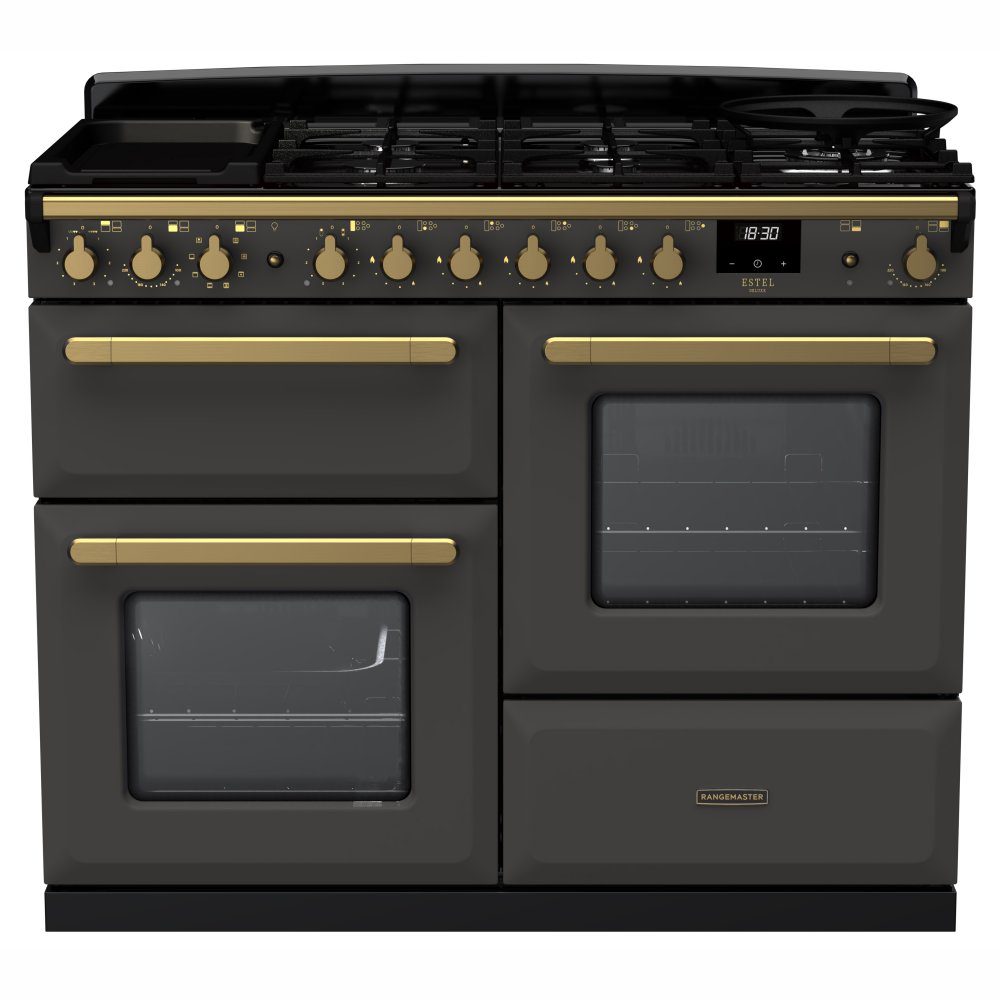 Rangemaster Estel Deluxe OC 110cm Dual Fuel Range Cooker With Antique Brass Trim 18103 ESDLO110DFPSLT/AB1 – Slate