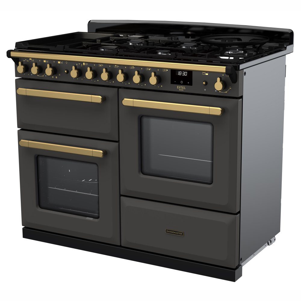 Rangemaster Estel Deluxe OC 110cm Dual Fuel Range Cooker With Antique Brass Trim 18103 ESDLO110DFPSLT/AB1 – Slate