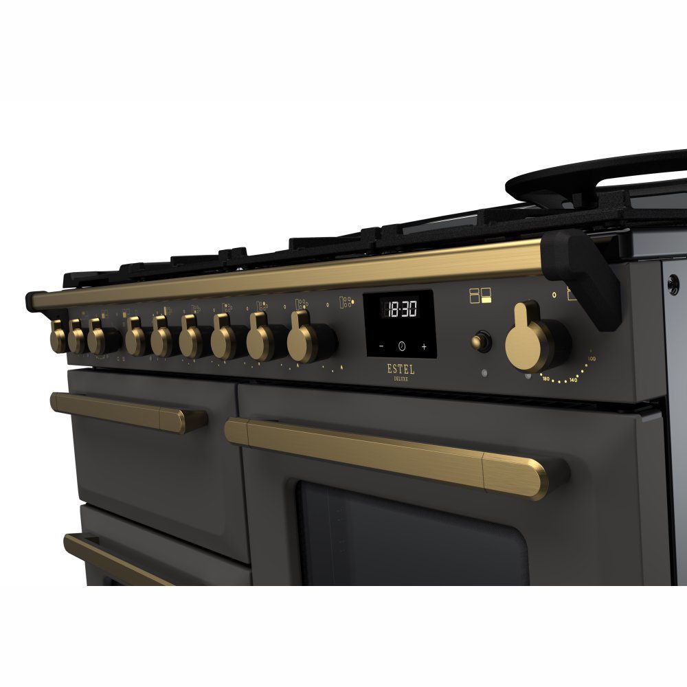 Rangemaster Estel Deluxe OC 110cm Dual Fuel Range Cooker With Antique Brass Trim 18103 ESDLO110DFPSLT/AB1 – Slate