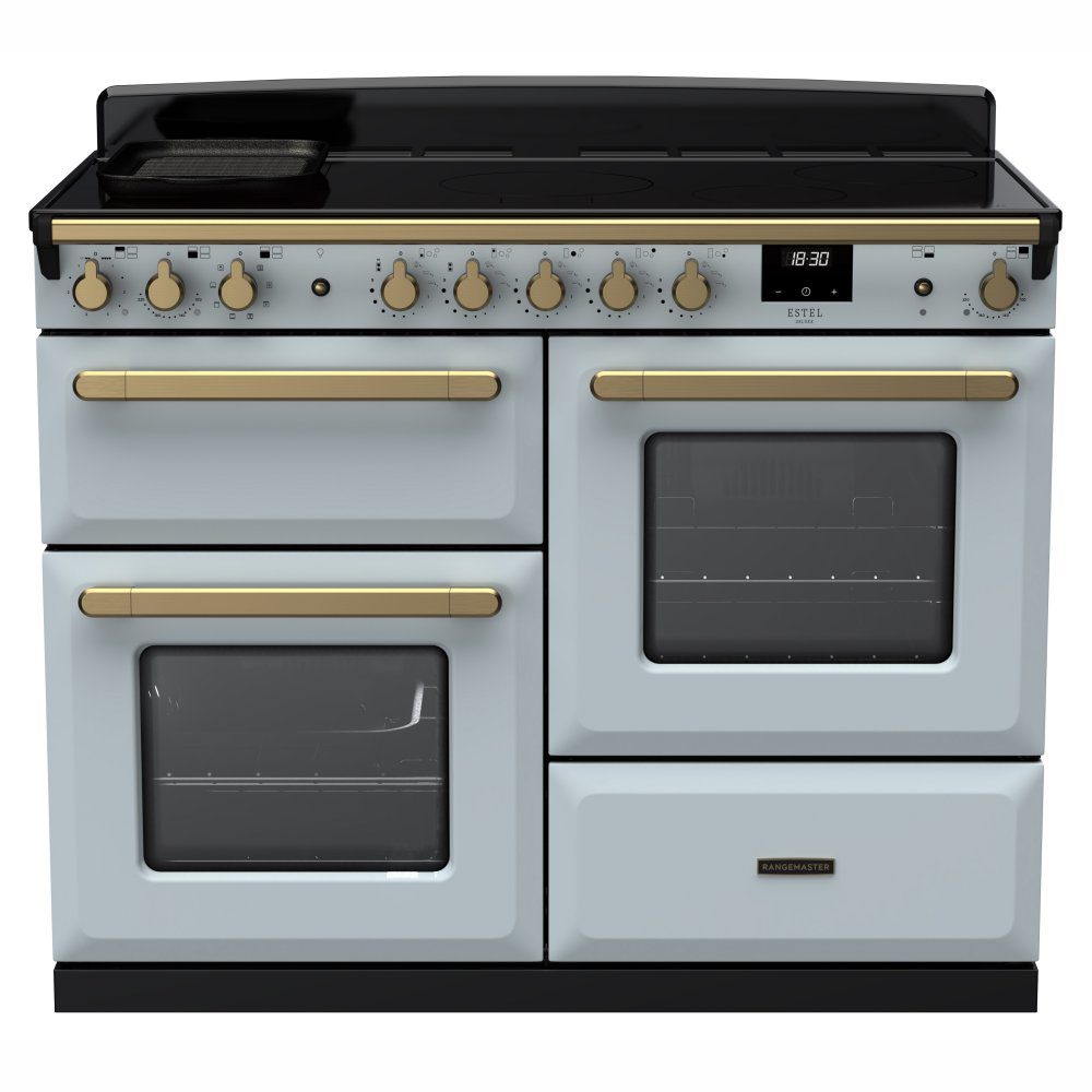 Rangemaster Estel Deluxe OC 110cm Induction Range Cooker With Antique Brass Trim 18127 ESDLO110EIPMSB/AB1 – Misty Blue
