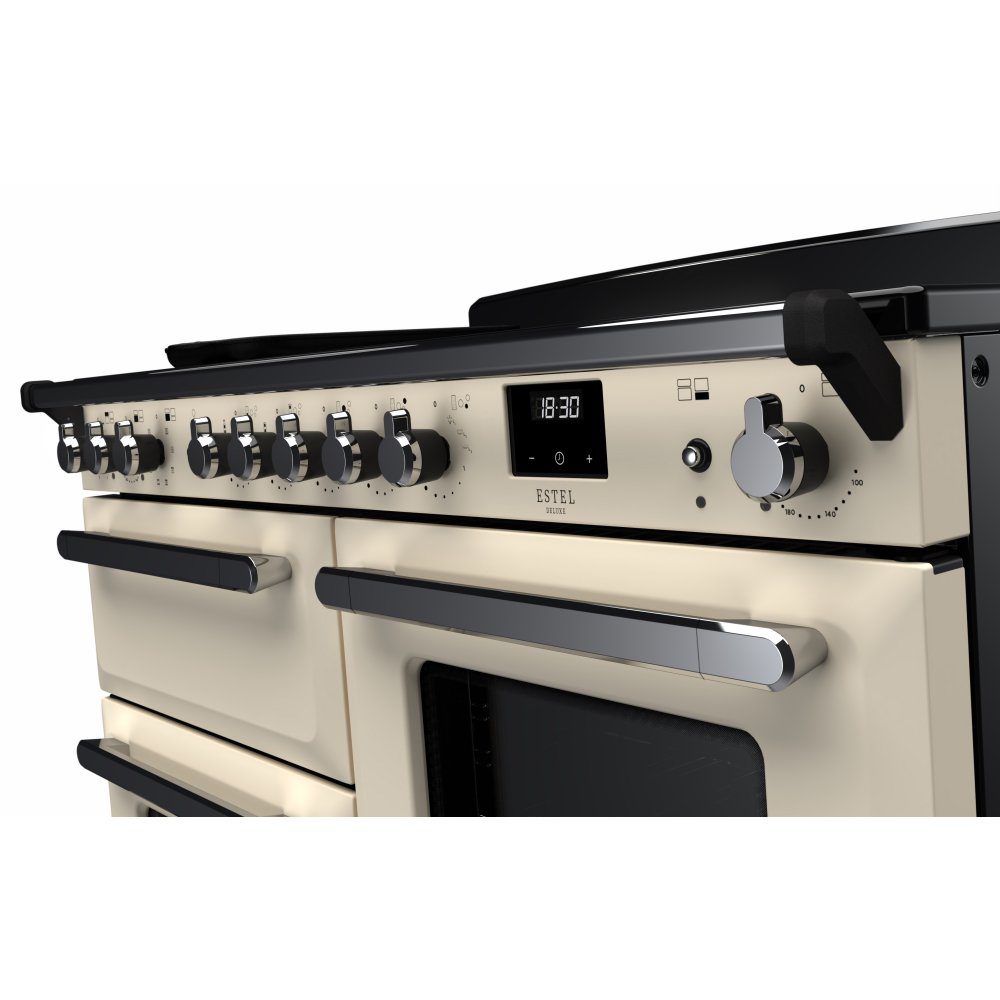 Rangemaster Estel Deluxe OC 110cm Induction Range Cooker With Chrome Trim 15199 ESDLO110EIPPCR/CM1 – Pale Cream