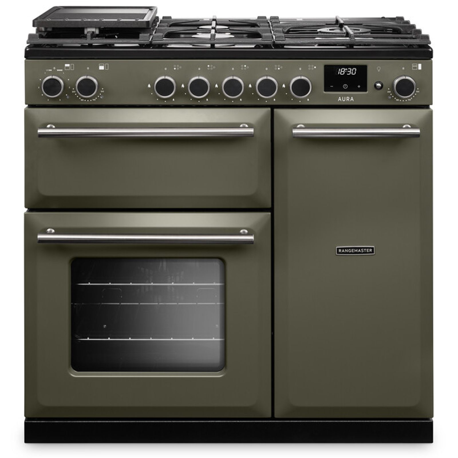 Rangemaster Aura 90cm Dual Fuel Range Cooker AURA90DFPRBD/BN1 – Riverbed / Brushed Nickel