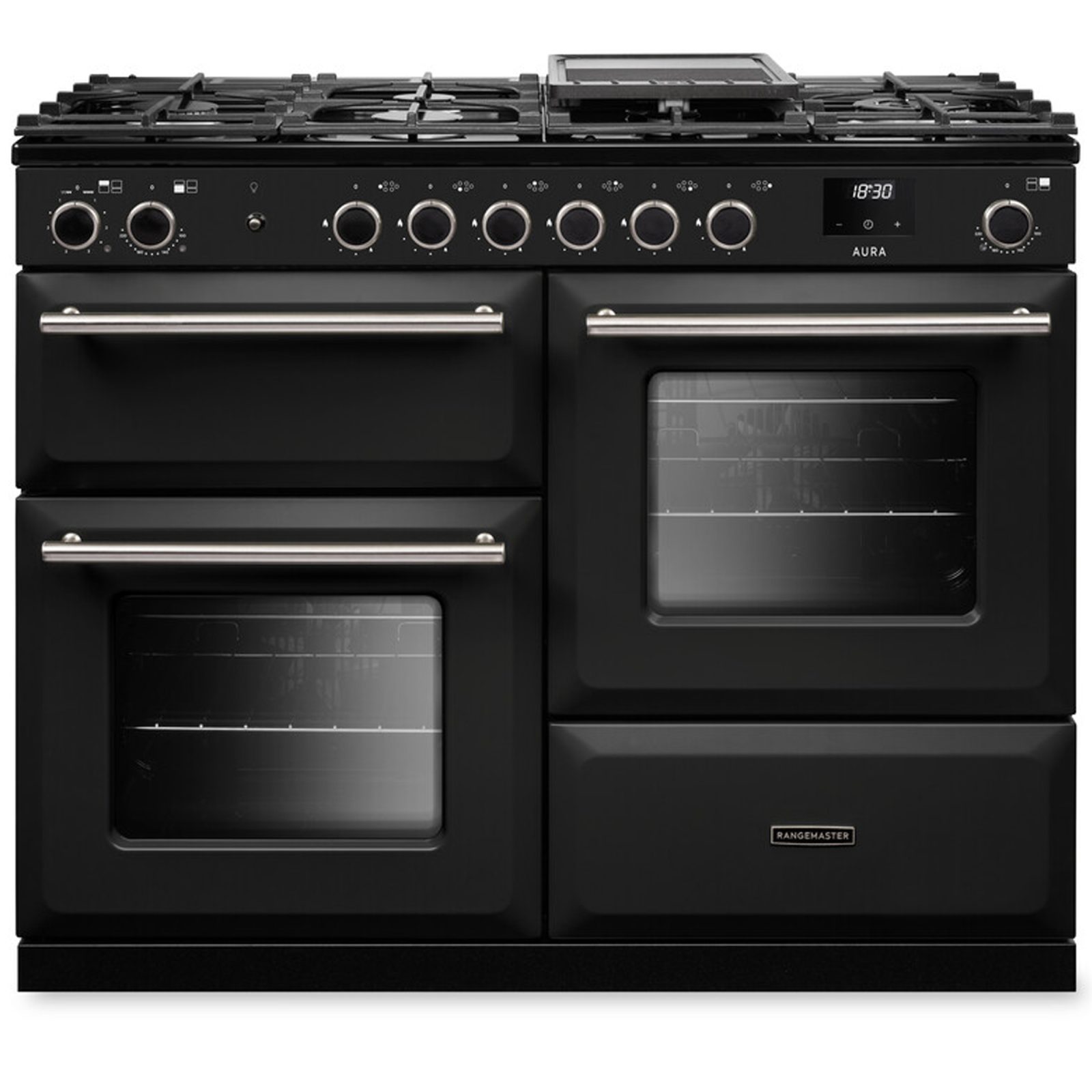 Rangemaster Aura 110cm Dual FuelRange Cooker AURAO110DFPCBL/BN1 – Charcoal Black / Brushed Nickel
