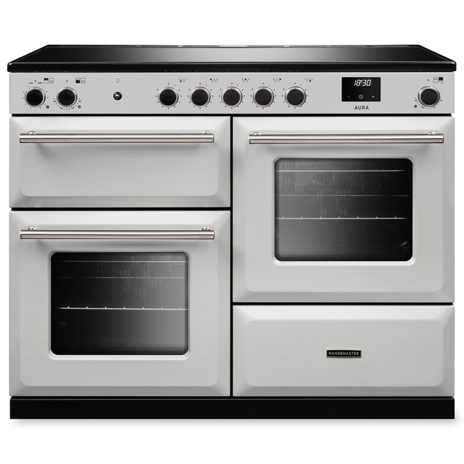 Rangemaster Aura 110cm Induction Range Cooker AURAO110EIPWHT/BN1 – White / Brushed Nickel