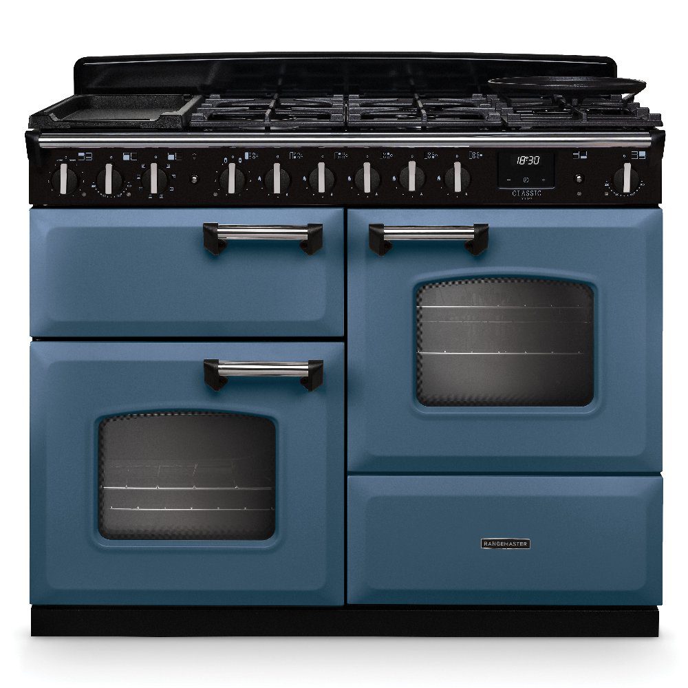 Rangemaster Classic Deluxe OC 110cm Dual Fuel Range Cooker Chrome Trim 14710 CLDLO110DFPSTB/CM1 – Stone Blue