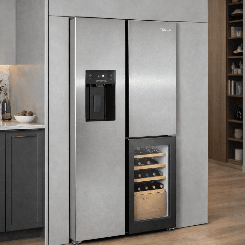 Tesla American Fridge Freezer With Wine Cooler, Water & Ice T530TDXG – Stainless Steel