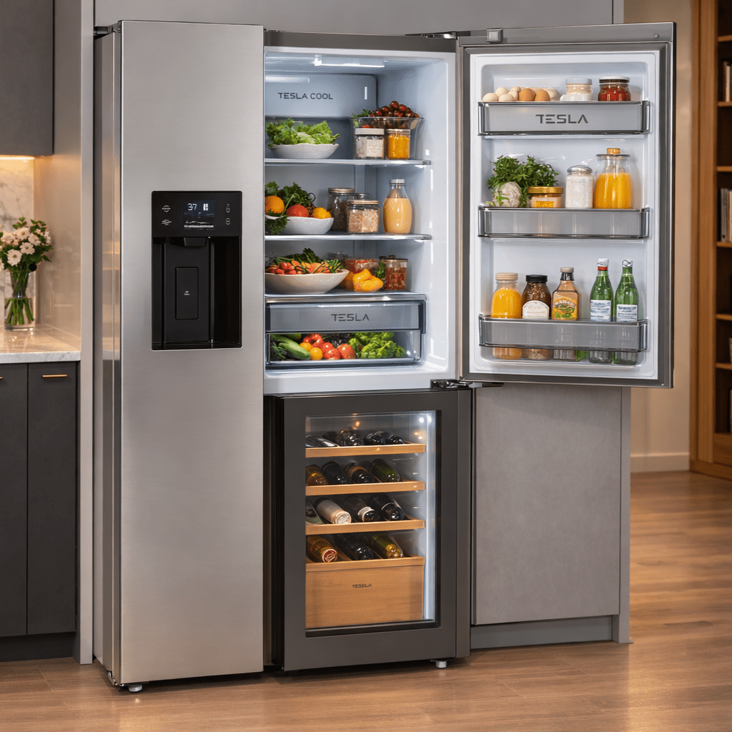 Tesla American Fridge Freezer With Wine Cooler, Water & Ice T530TDXG – Stainless Steel